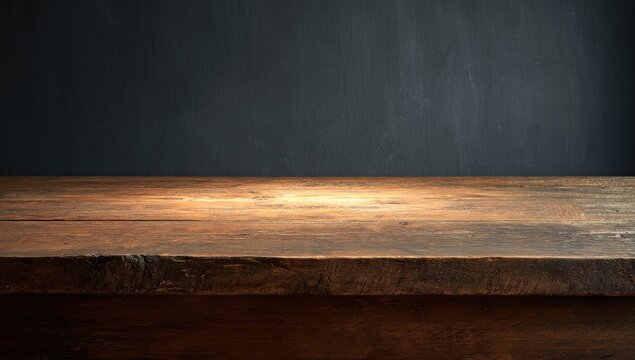 Rustic wooden table top with dark textured background for product display.