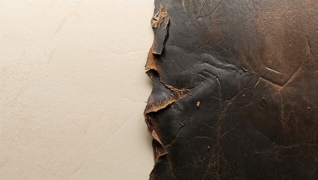 Textured Dark Leather Against Smooth Light Background in Closeup Detail