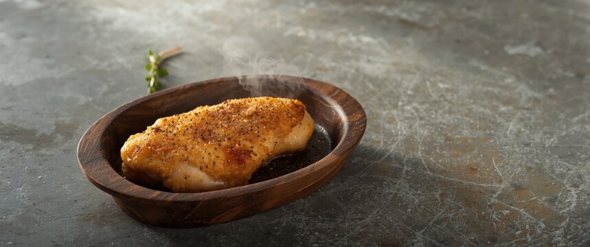 Grilled Chicken Breast on a Wooden Plate with Steam Rising