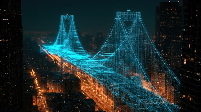 Futuristic digital overlay of a suspension bridge illuminates a city at night