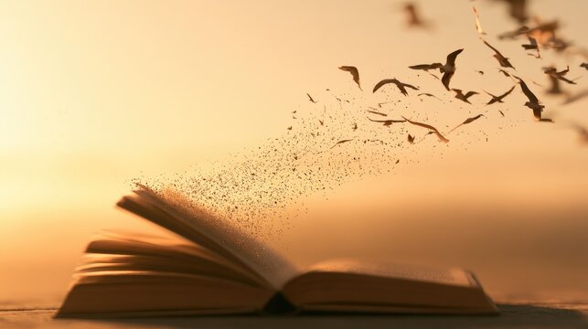 An open book dissolves into birds flying into a golden sky