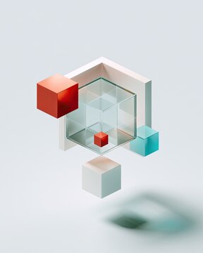 Geometric shapes and translucent cubes arranged abstractly with soft shadows