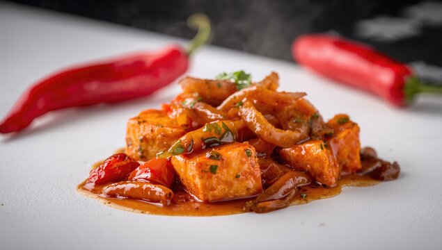 Spicy Tofu Stir-Fry with Red Peppers and Garnish on a White Plate