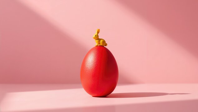 Red Easter Egg with Yellow Bunny on Top Against Pink Background