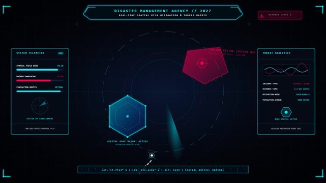 Futuristic HUD interface displaying risk mitigation data and radar scanning