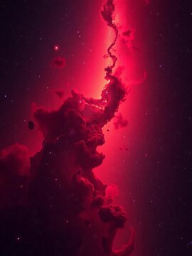 A blazing red galaxy sprawls across the frame, illuminated by a tapestry of glowing nebula clouds, distant stars, and swirling cosmic dust, vibrant, glowing