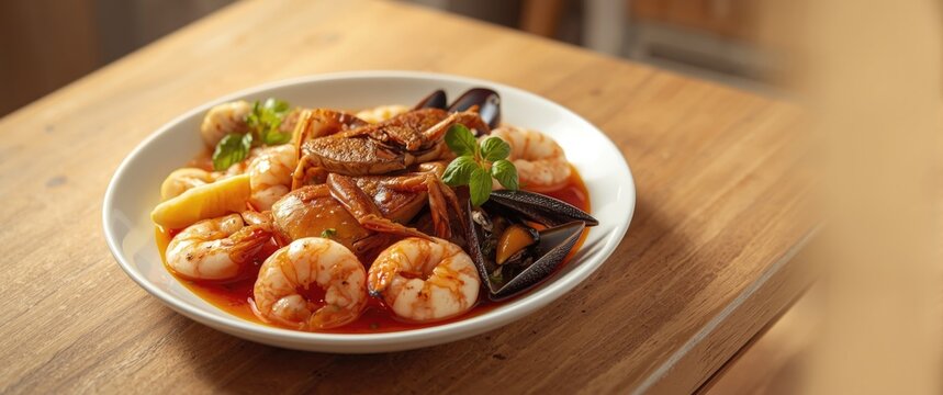 Seafood Platter with Shrimp and Mussels on Wooden Table in Natural Light