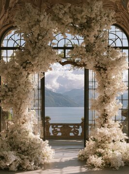 Ornate floral archway frames serene lake and mountain vista