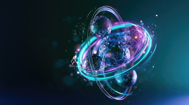 Abstract glowing orbs with luminous rings swirl against a dark, bokeh-lit background