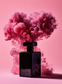 Dramatic pink smoke billows from a sleek black bottle against a soft pink backdrop