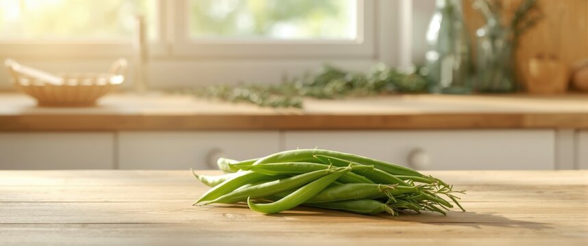Fresh Green Peas on a Wooden Kitchen Table Bathed in Natural Light
