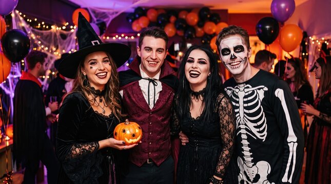 Group of happy friends in halloween costumes at a party