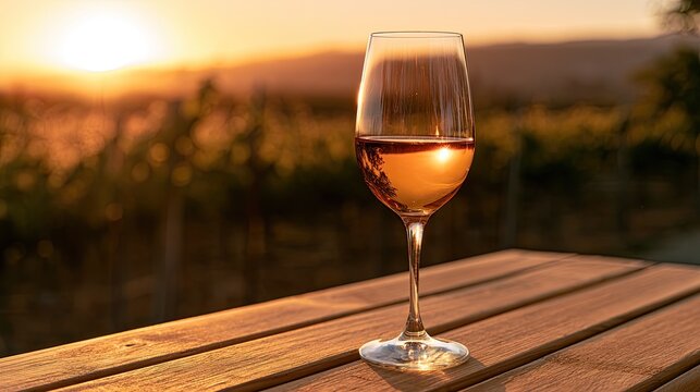 A glass of ros? wine on a wooden table at sunset in a vineyard