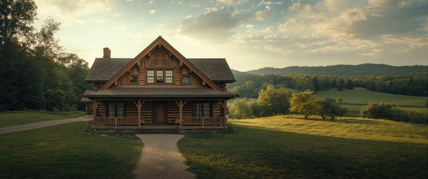 Log Cabin House Surrounded by Lush Green Fields Under Soft Evening Light