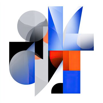 Geometric abstract art with overlapping planes and spheres in blue, orange, and grey