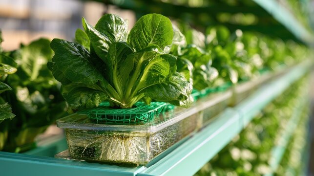 Lush green leafy vegetables growing vertically in a clean hydroponic system