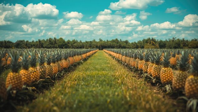 Tropical fruit farm with neat pineapple rows in a lush field and open space for text