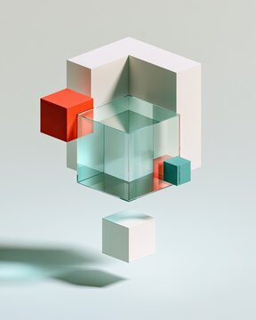 Geometric shapes, abstract composition with floating, translucent, and solid cubes