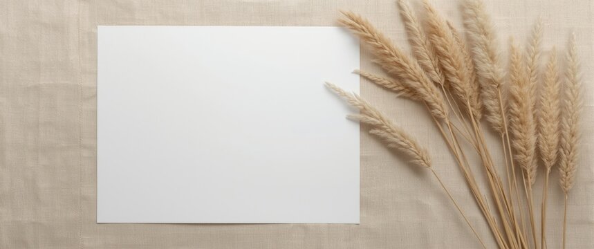 White Blank Paper on a Neutral Background with Dried Pampas Grass
