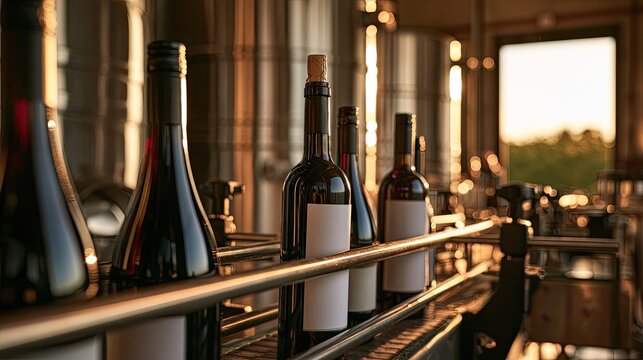 Dark glass bottles with white labels on a metal conveyor belt in a winery