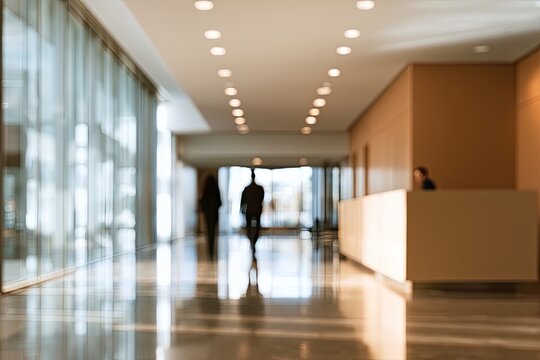 Blurred interior of a modern office hallway with figures walking