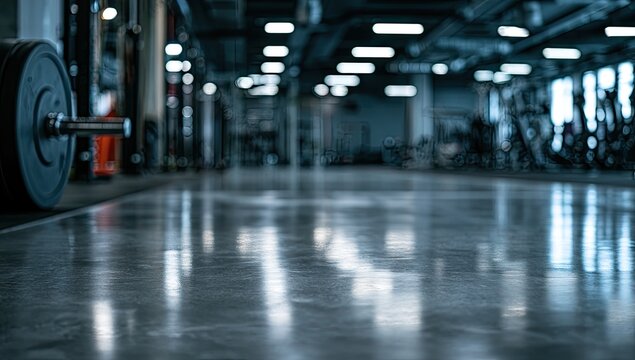 Empty, modern gym floor with bright overhead lights and weight equipment