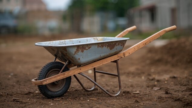 Rusty Wheelbarrow Positioned on Brown Soil in Outdoor Construction Site