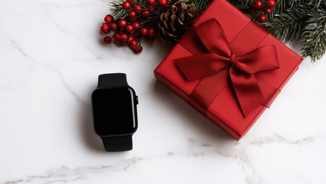Festive gift with modern wrist device on marble surface