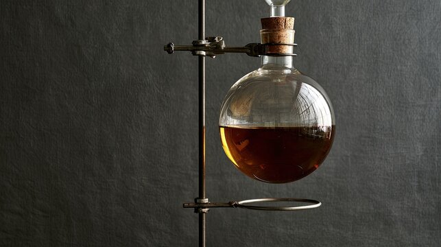 Old laboratory apparatus holding amber liquid against dark textured backdrop