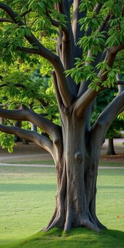 Handsome tree with gnarled trunk and leafy branches, rustic, outdoors