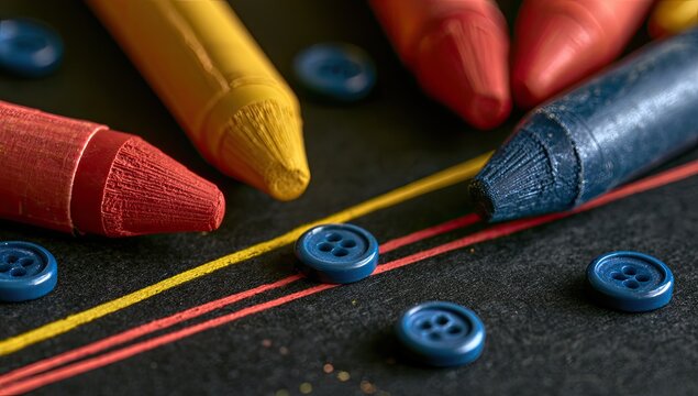 Colorful art supplies and buttons create a vibrant still life composition