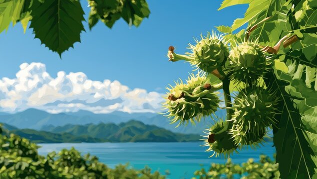 Lush green foliage frames spiky seed pods against a bright, blue coastal landscape