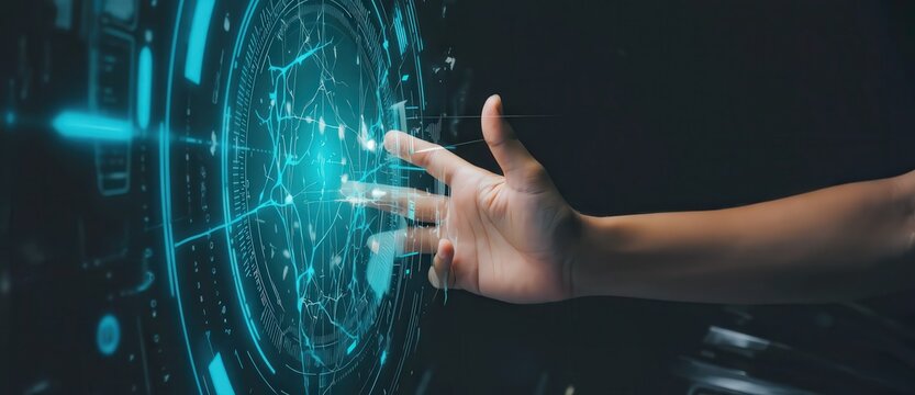 Gesture Controlled Digital Interface. Human hand operating an advanced virtual control system with illuminated data and futuristic technology.