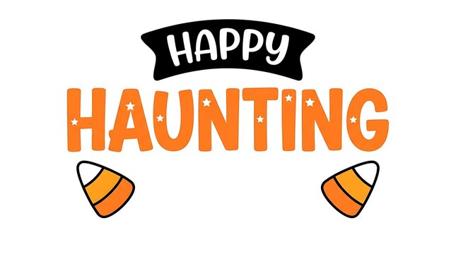Happy haunting text design with candy corn elements for halloween celebration and holiday greeting cards