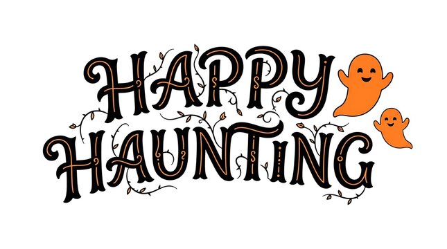 Happy haunting text design with cute orange ghosts for halloween celebration and seasonal holiday greeting cards