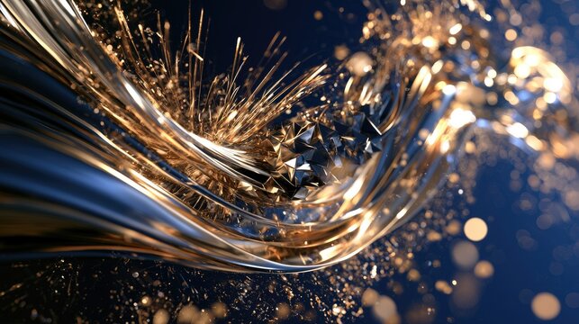 Swirling golden liquid with sparkling particles and crystalline fragments