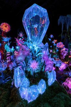 A fantastical, glowing crystalline garden at night, with vibrant, bioluminescent flora