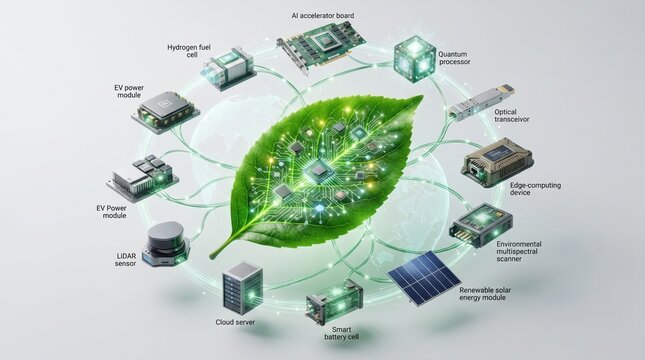 Sustainable Future Green Leaf Symbolizing Advanced Technology, Solid-State Battery, AI, and Renewable Energy for a Connected World
