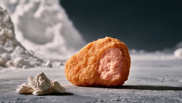 Crispy golden nugget with creamy pink filling on a textured surface