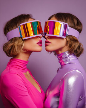 Two women wearing reflective, colorful visors and metallic bodysuits are facing each other with their lips touching in a mirror image pose against a purple background