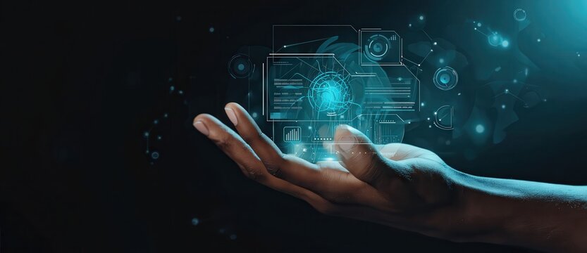 Advanced Human Machine Interaction. Human hand connecting with an illuminated digital system in a futuristic technology environment.