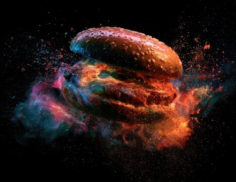 Vibrant, explosive colors burst around a dark, detailed burger, creating a dynamic feast