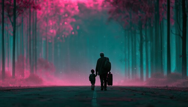 Two figures, an adult and child, walk down a surreal, mist-filled road