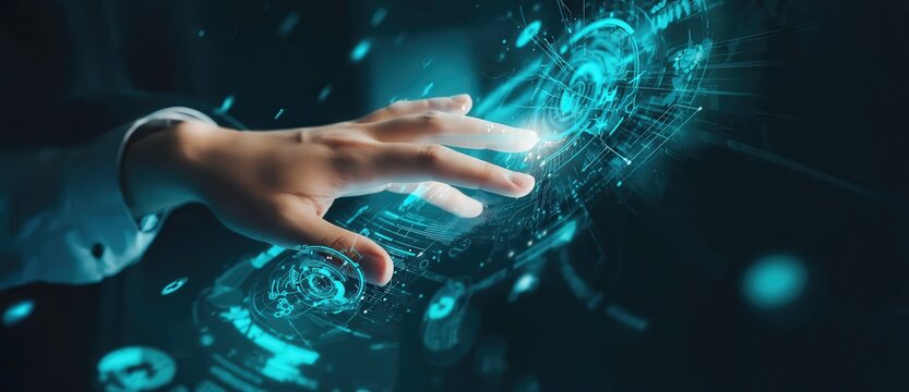 Gesture Controlled Digital Interface. Human hand operating an advanced virtual control system with illuminated data and futuristic technology.