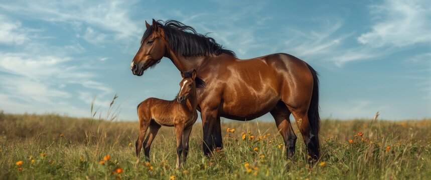 Mare and Foal Standing in a Sunny Meadow with Wildflowers