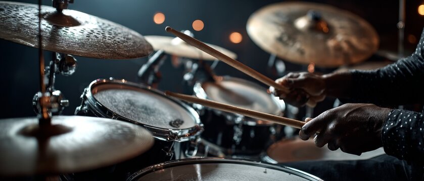 A close-up view of a drummer playing a drum kit with cymbals and drumsticks, set against a dark background with blurred lights.