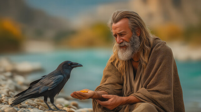 Ravens bringing food to Elijah in an ancient wilderness biblical scene with divine provision atmosphere