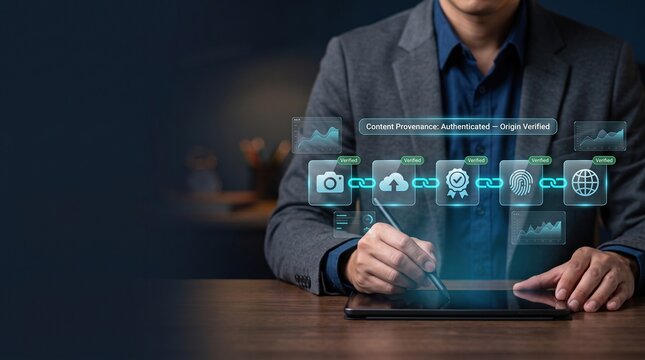 Content authenticity and digital provenance verification on tablet with holographic media tracking chain, secure ownership validation, trusted publishing cybersecurity concept with clean copy space