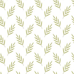 Fototapeta premium Seamless autumn pattern with olive-green leaf clusters arranged diagonally on a white background. Elegant botanical design perfect for textiles