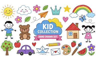 Naklejka premium Kids hand drawn collection set with colorful childhood doodles and crayon style artistic illustration.